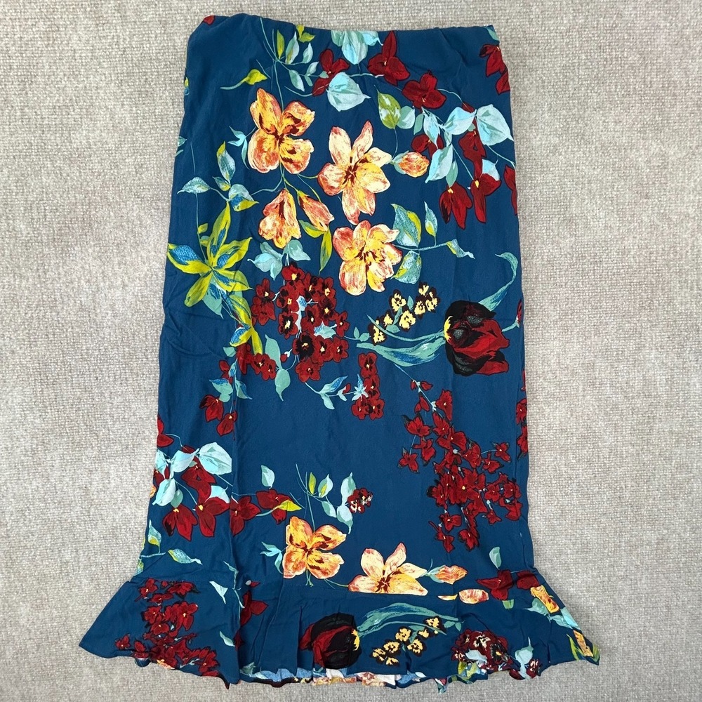 BOG Collective Ruffle Slip Midi Skirt Womens Small Multicolor Floral Viscose